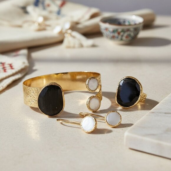 Turkish Artisan Luxury Jewelry Set 18K Gold Plated Brass Genuine Gemstones - Picture 7 of 11